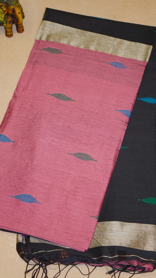Handloom Cotton Saree - Light Pink & Black