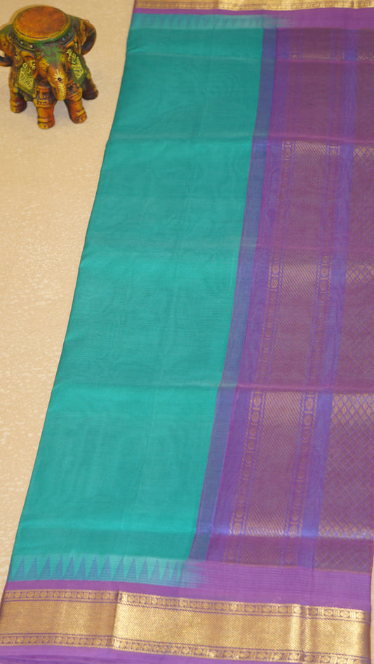 Silk Cotton Saree - Teal Blue & Purple