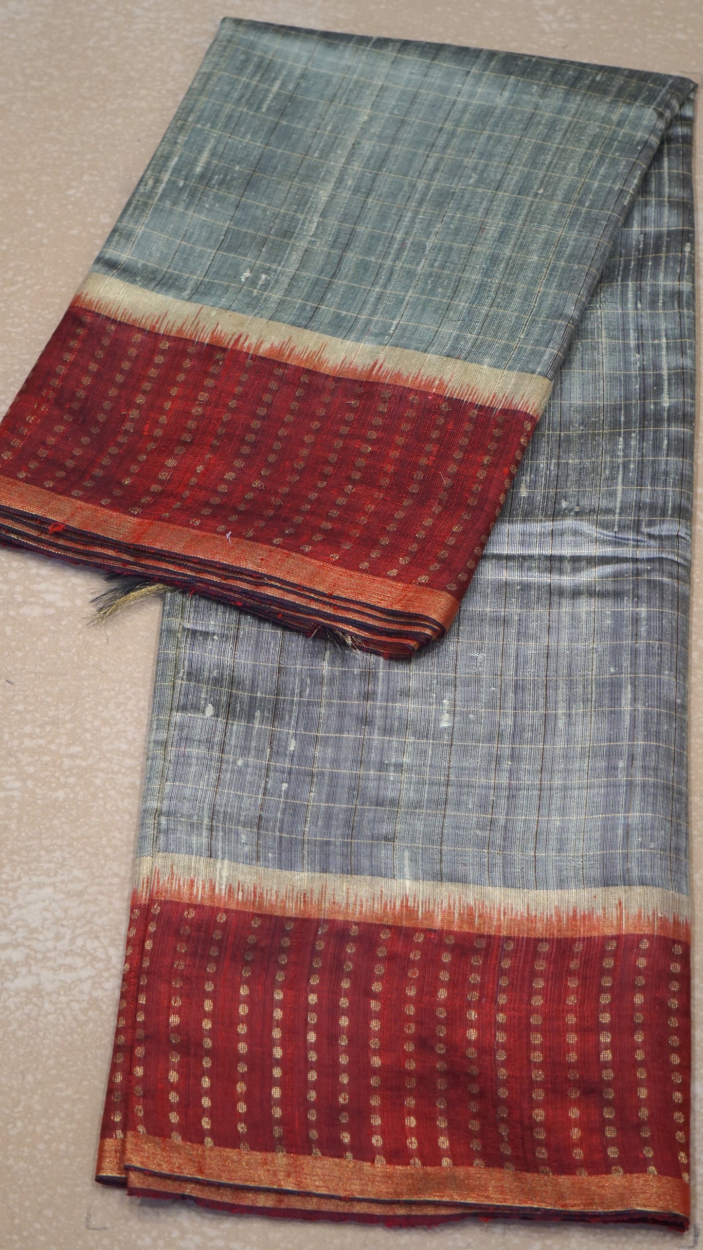 Pure Dupion Silk Saree Checks - Cream With Maroon Border
