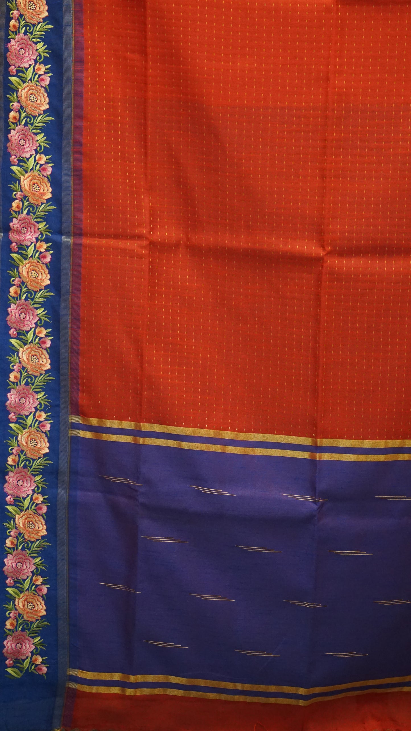 Semi Raw Silk Saree - Red With Navy Blue Floral Border