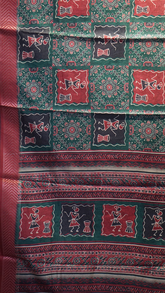 Semi Printed Silk Ajrak Print Green - Red