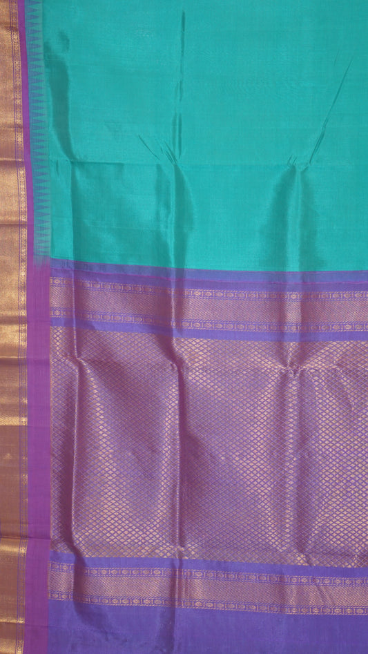 Silk Cotton Saree - Teal Blue & Purple