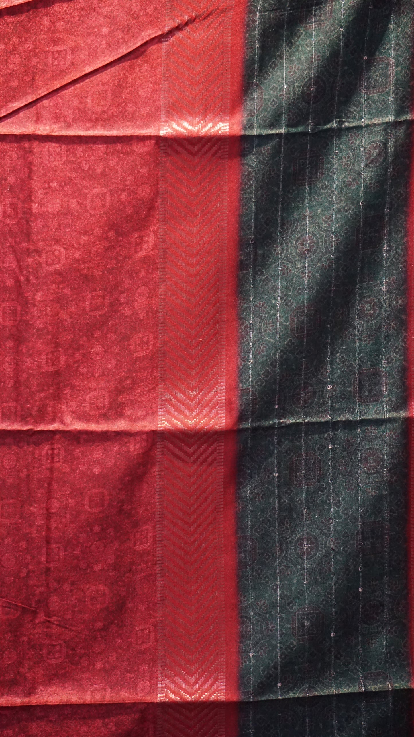 Semi Printed Silk Ajrak Print Green - Red