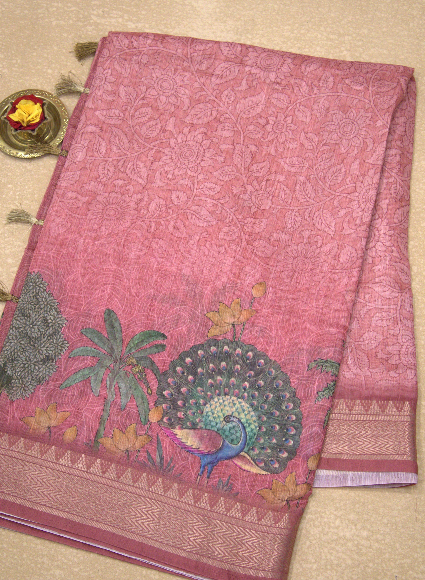 Semi Chanderi Saree Peacock Print-Peachish Pink