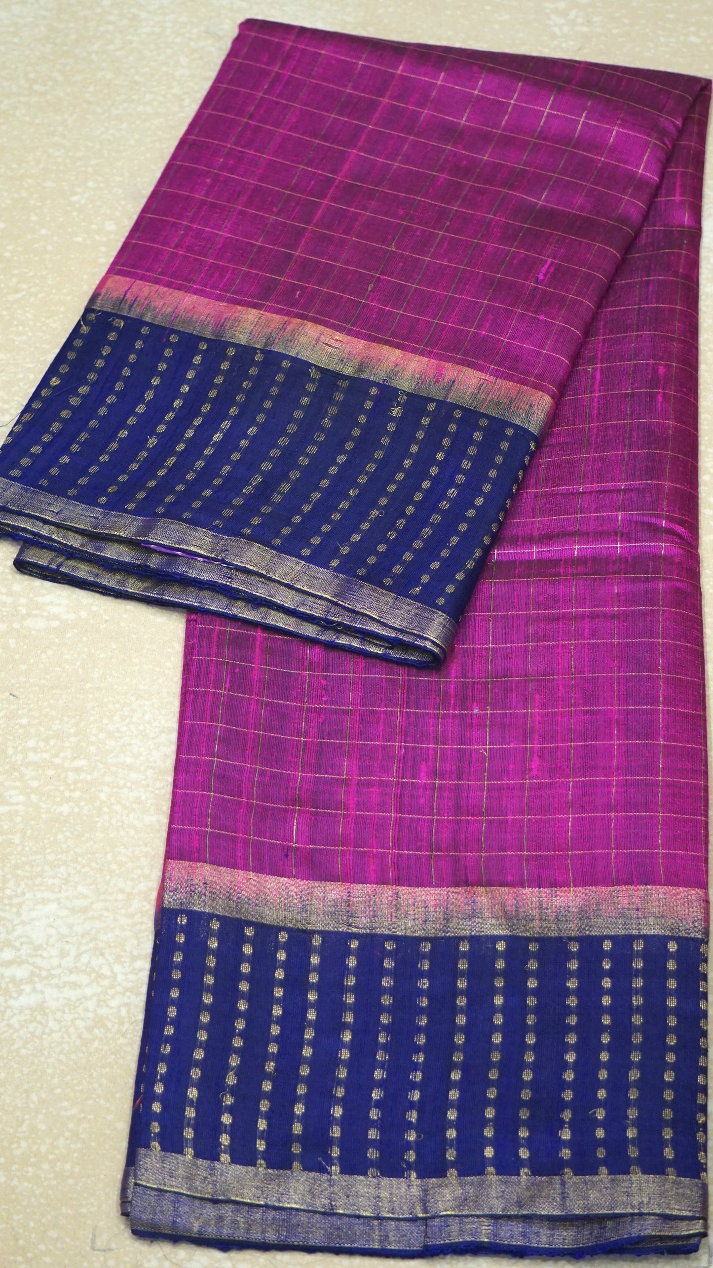 Pure Dupion Silk Saree Checks - Pink with Navy Blue border