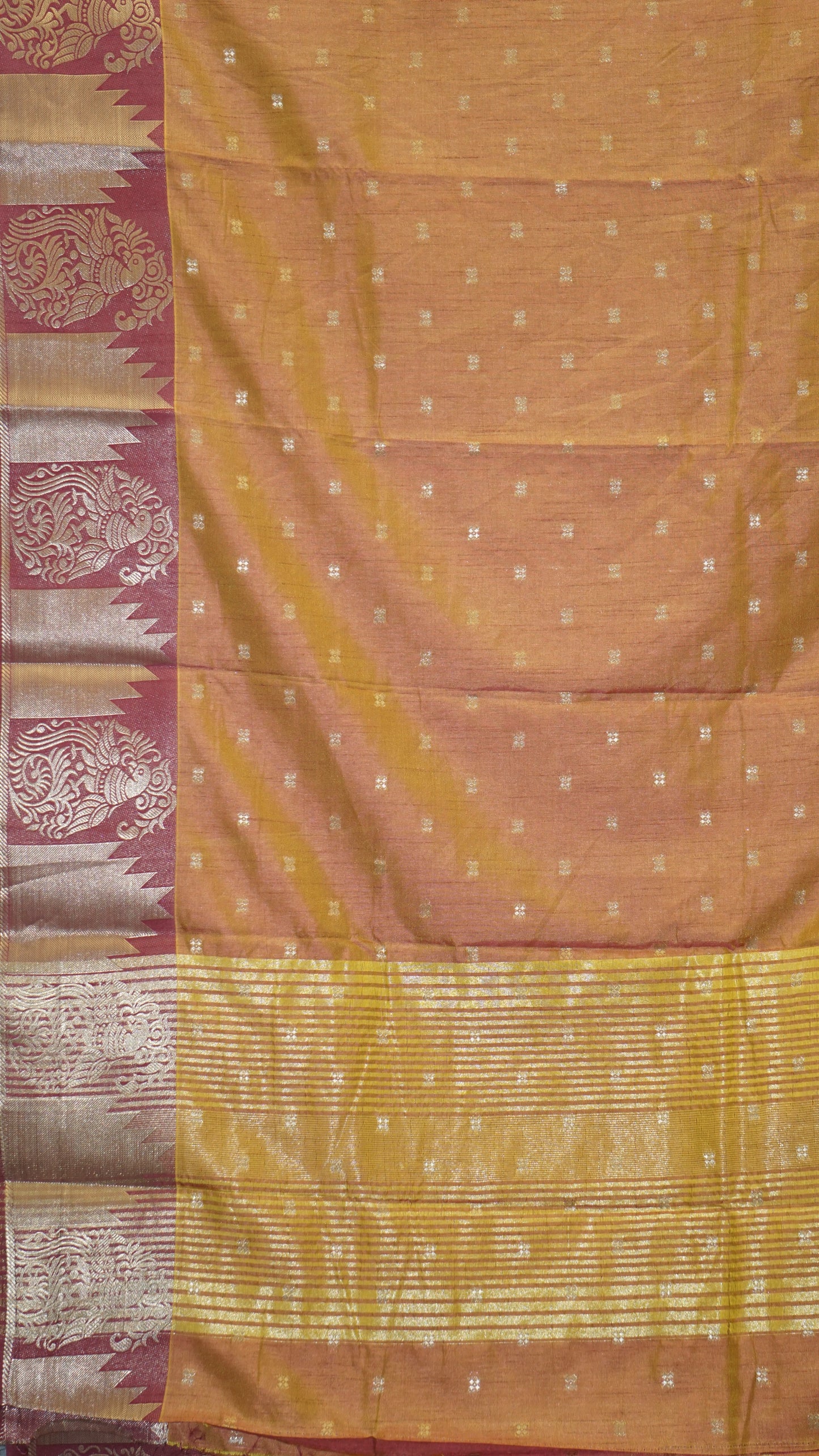 Semi Tussar Saree Temple Design - Light Orange with Maroon Border