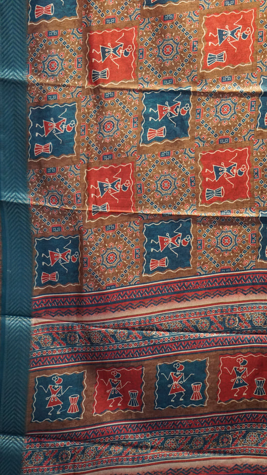 Semi Printed Silk Ajrak Print Brown - Teal Blue