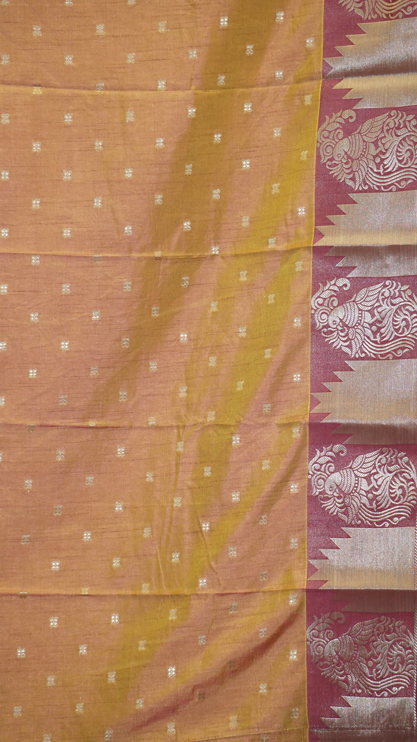 Semi Tussar Saree Temple Design - Light Orange with Maroon Border