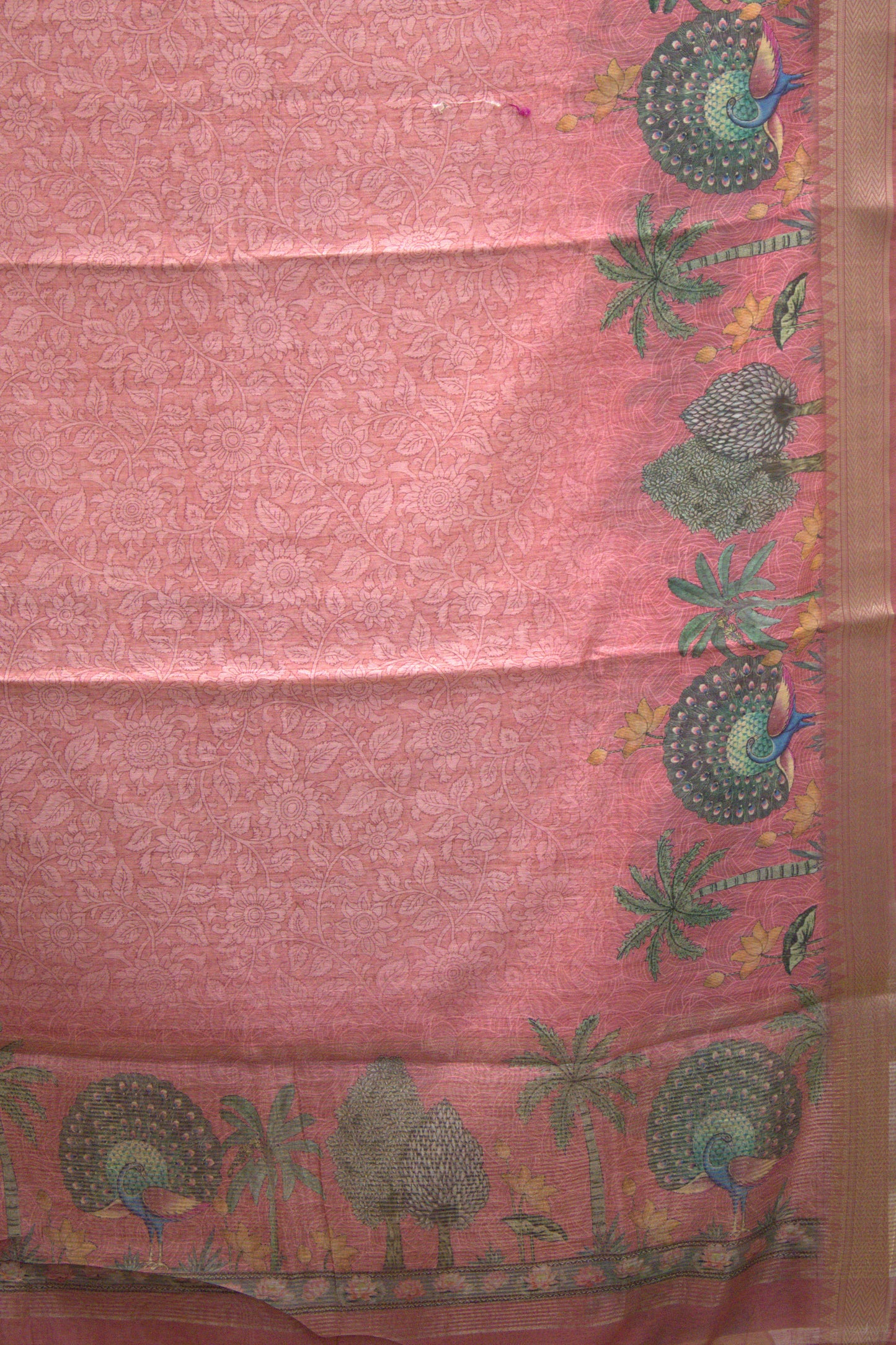 Semi Chanderi Saree Peacock Print-Peachish Pink