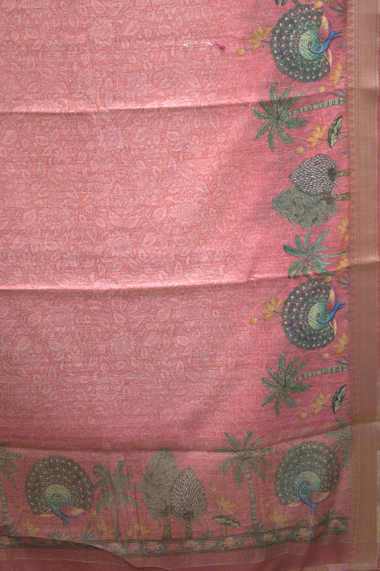 Semi Chanderi Saree Peacock Print-Peachish Pink