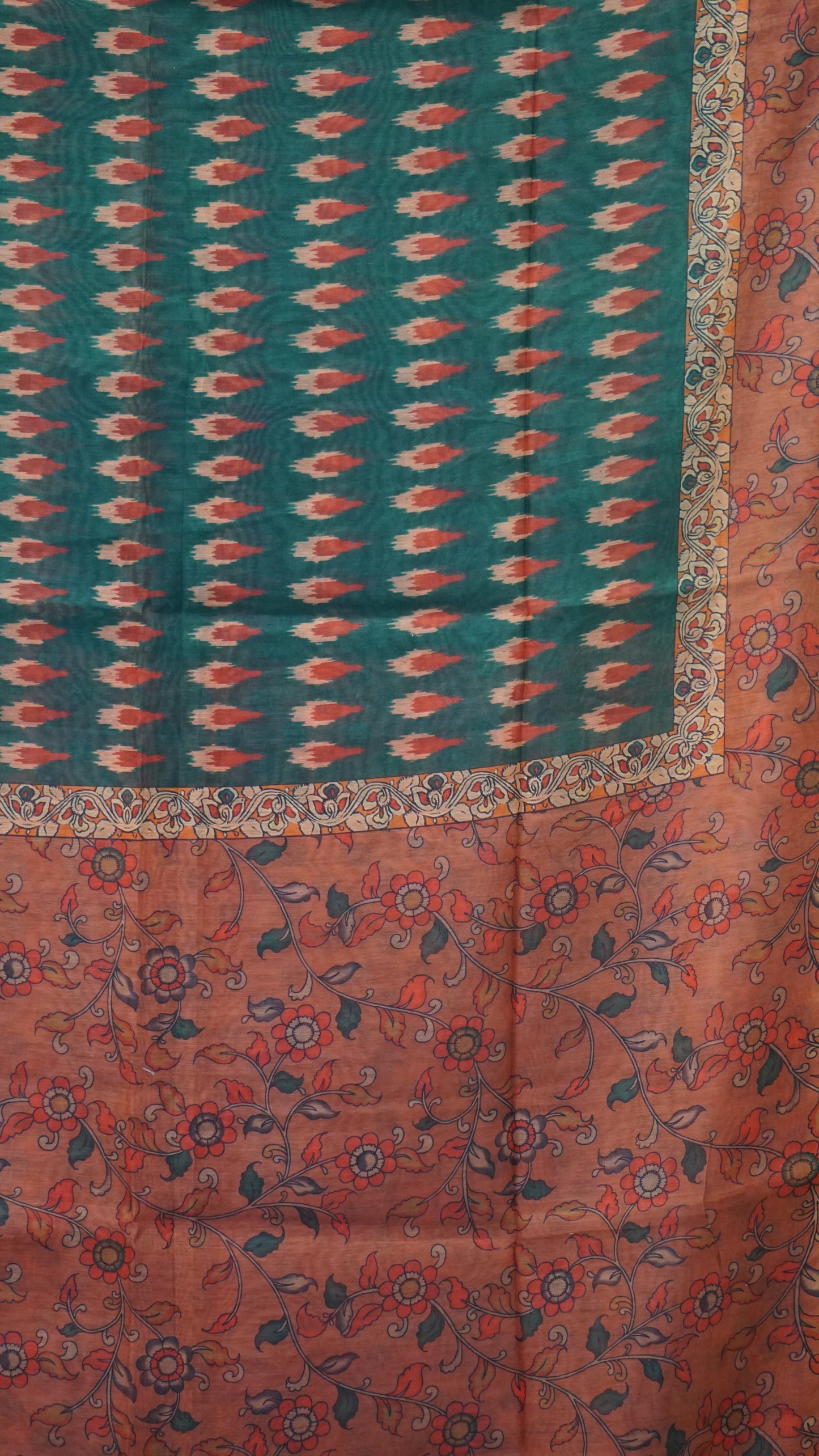 Chanderi Saree Ikkatkari Print - Peach & Green