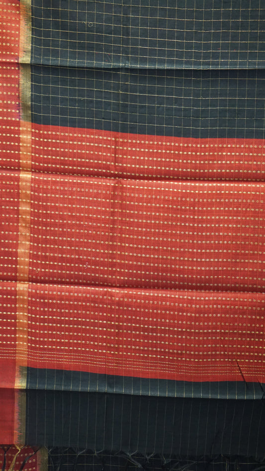 Pure Dupion Silk Saree Checks - Black With Maroon Border
