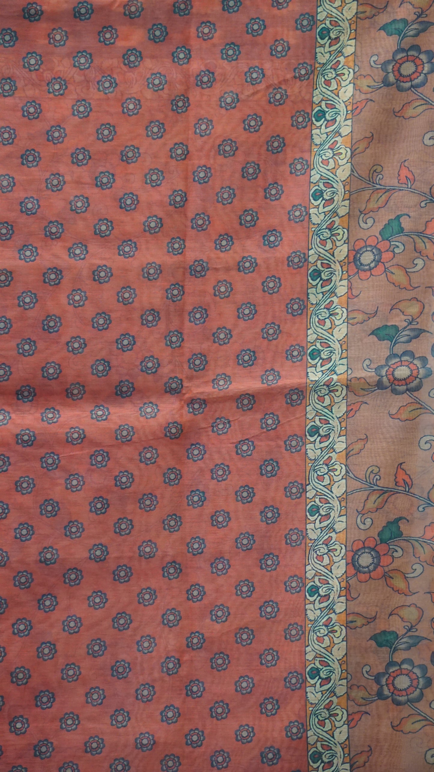 Chanderi Saree Ikkatkari Print - Peach & Green
