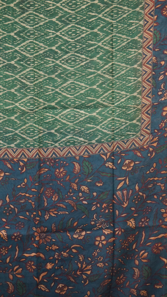 Chanderi Saree Ikkatkari Print - Teal Blue & Green
