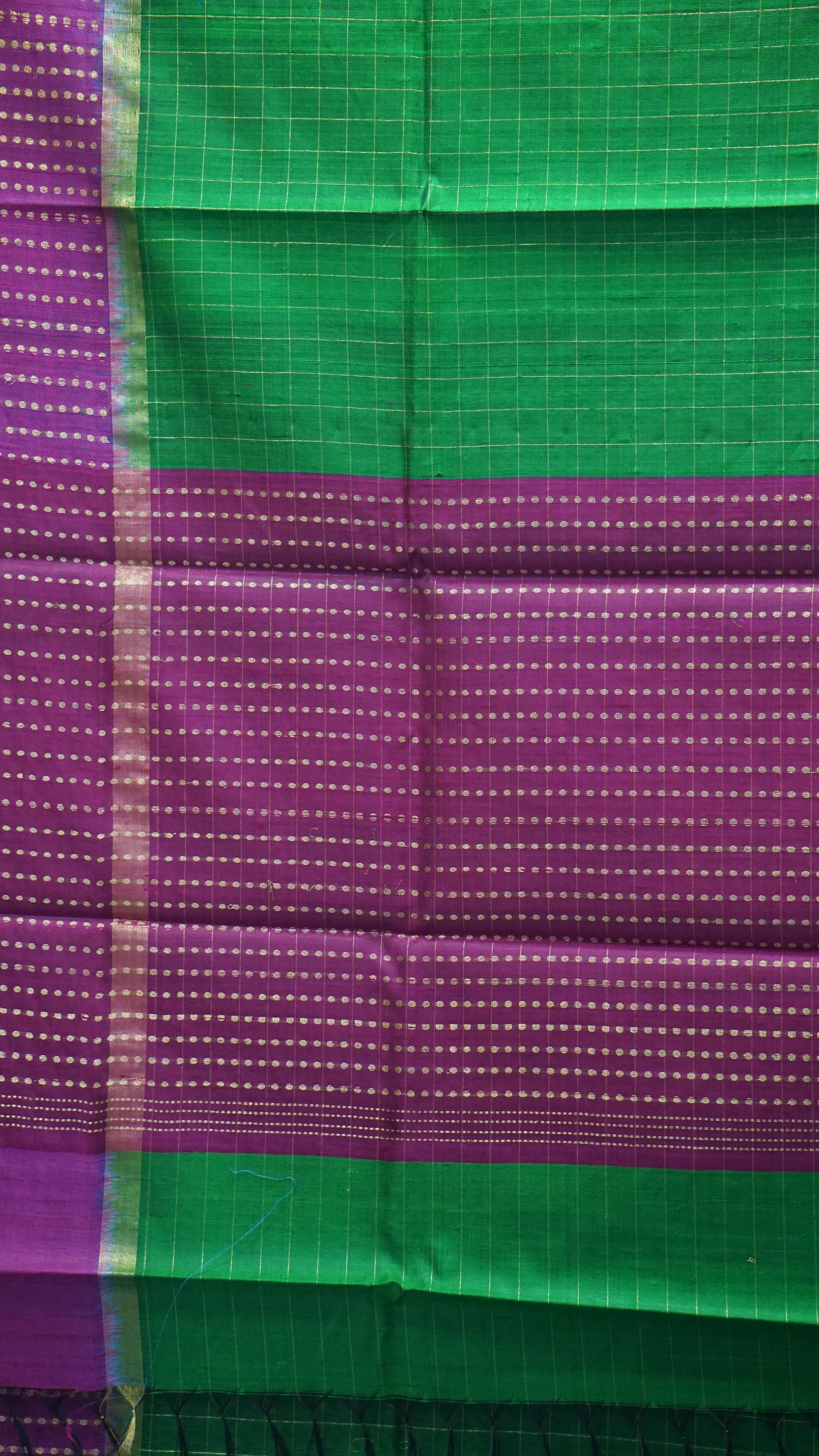 Pure Dupion Silk Saree Checks - Parrot Green with purple border