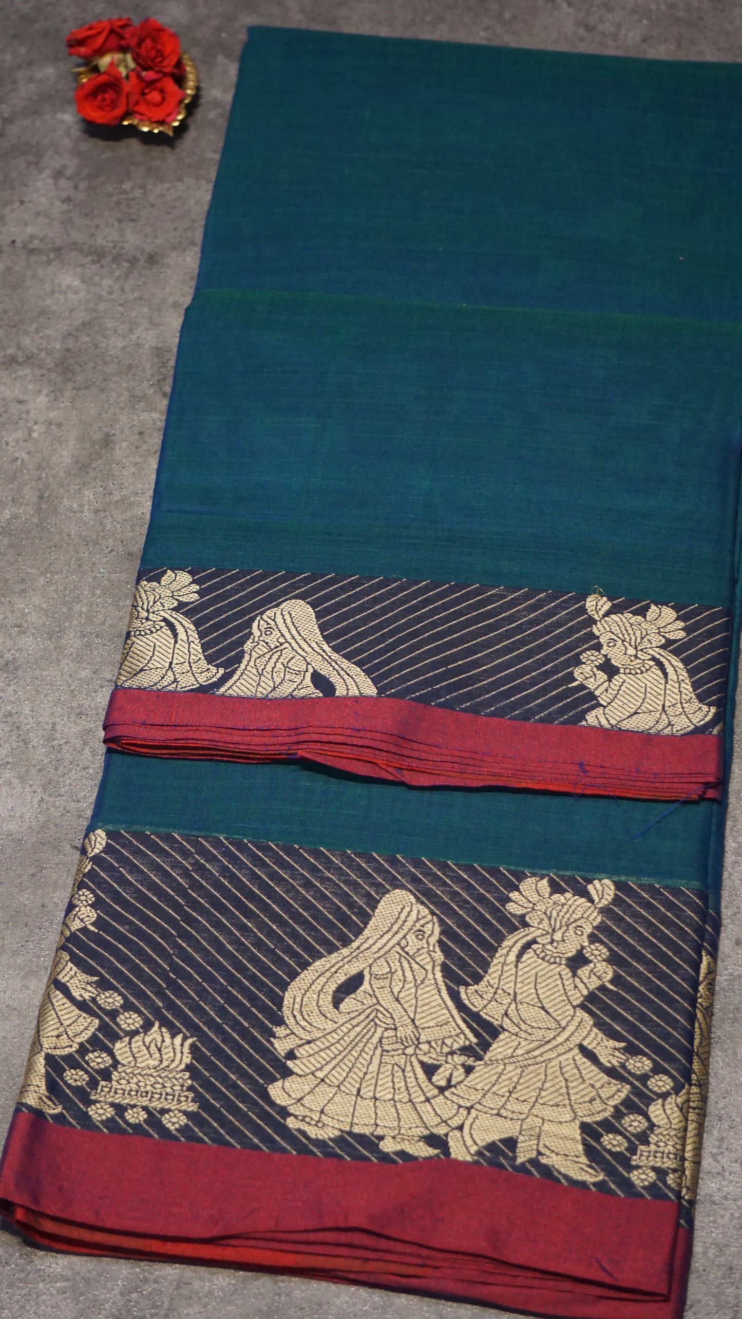 Narayanapet Cotton Saree Radha Print Peacock Blue - Maroon Border