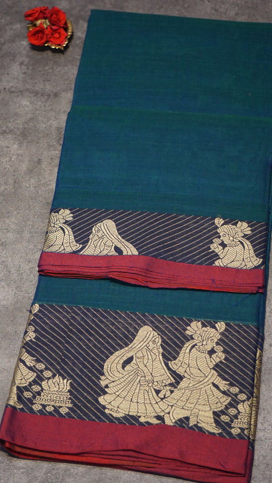 Narayanapet Cotton Saree Radha Print Peacock Blue - Maroon Border