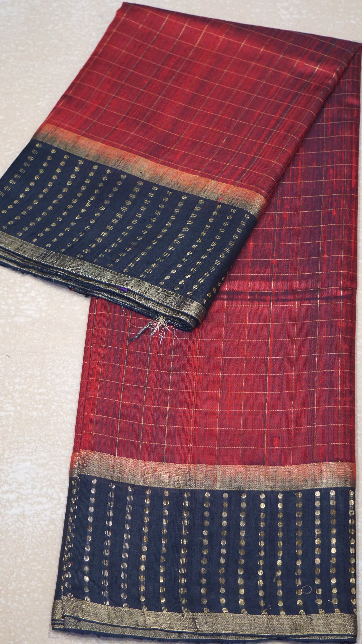Pure Dupion Silk Saree Checks - Maroon with Black Border