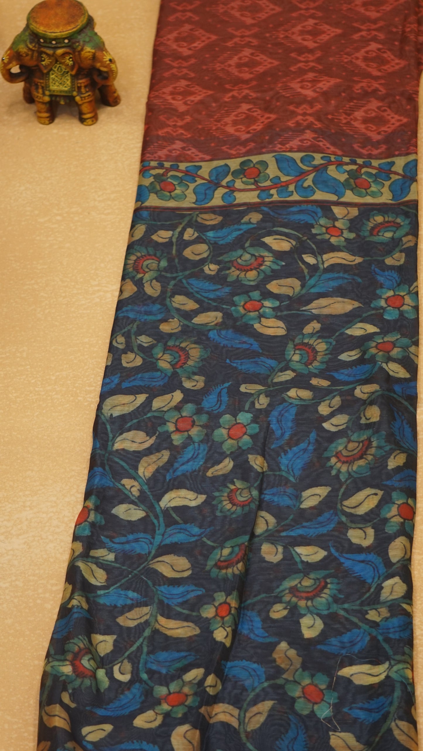Chanderi Saree Ikkatkari Print - Navy Blue & Maroon