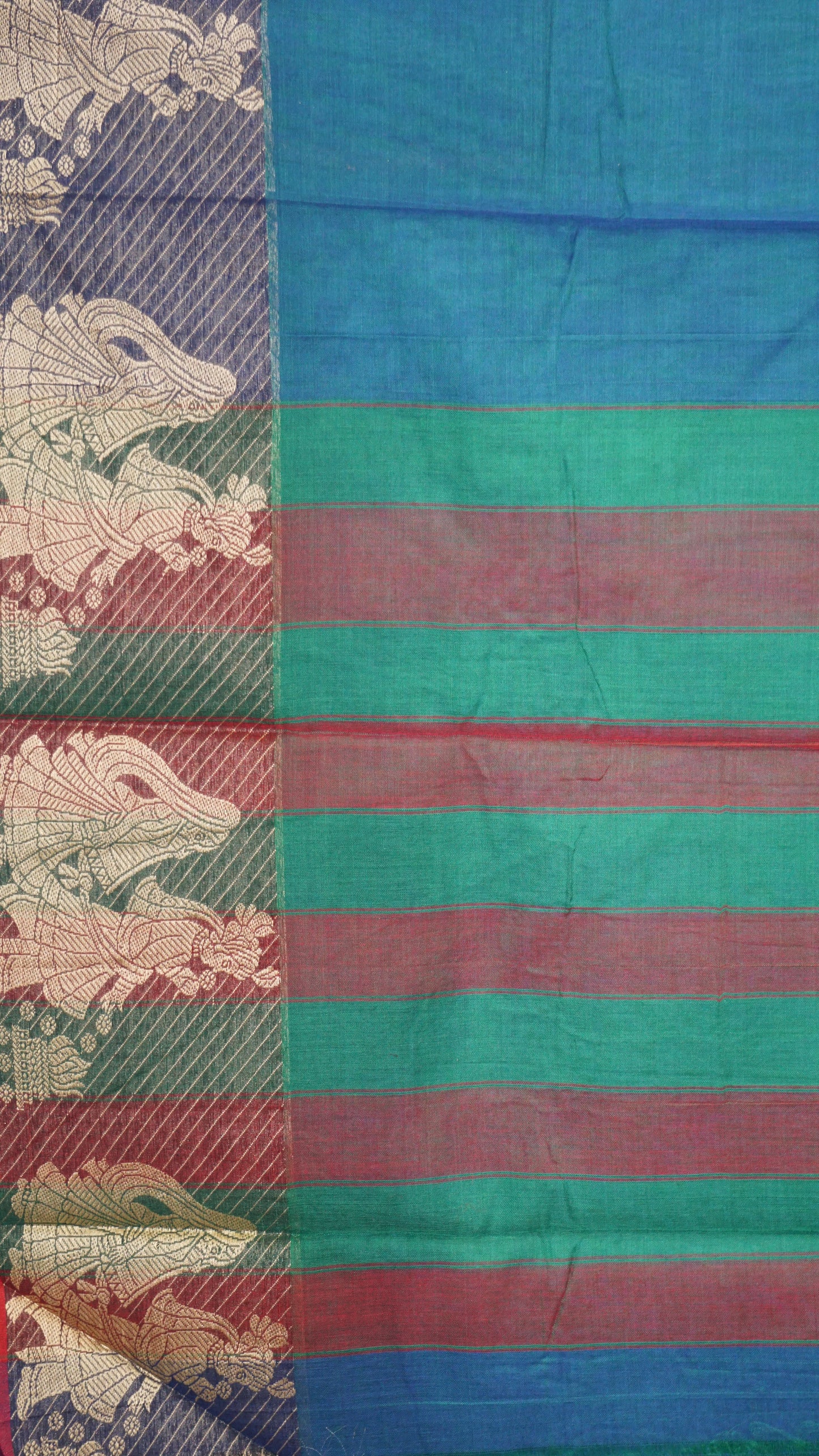 Narayanapet Cotton Saree Radha Print Peacock Blue - Maroon Border