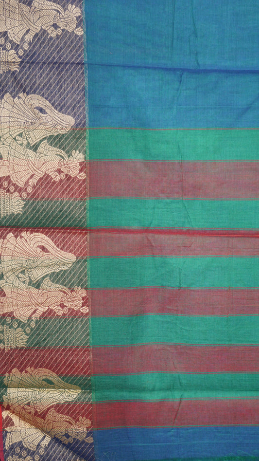 Narayanapet Cotton Saree Radha Print Peacock Blue - Maroon Border