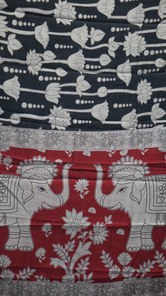 Malai Cotton Saree Pichwai Print - Black With Red Border