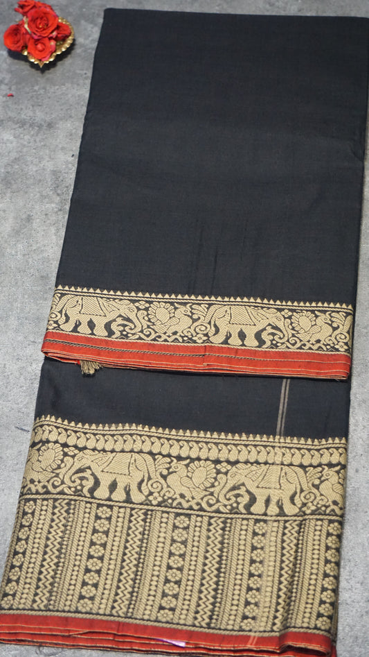 Narayanapet Cotton Saree Elephant Border Black