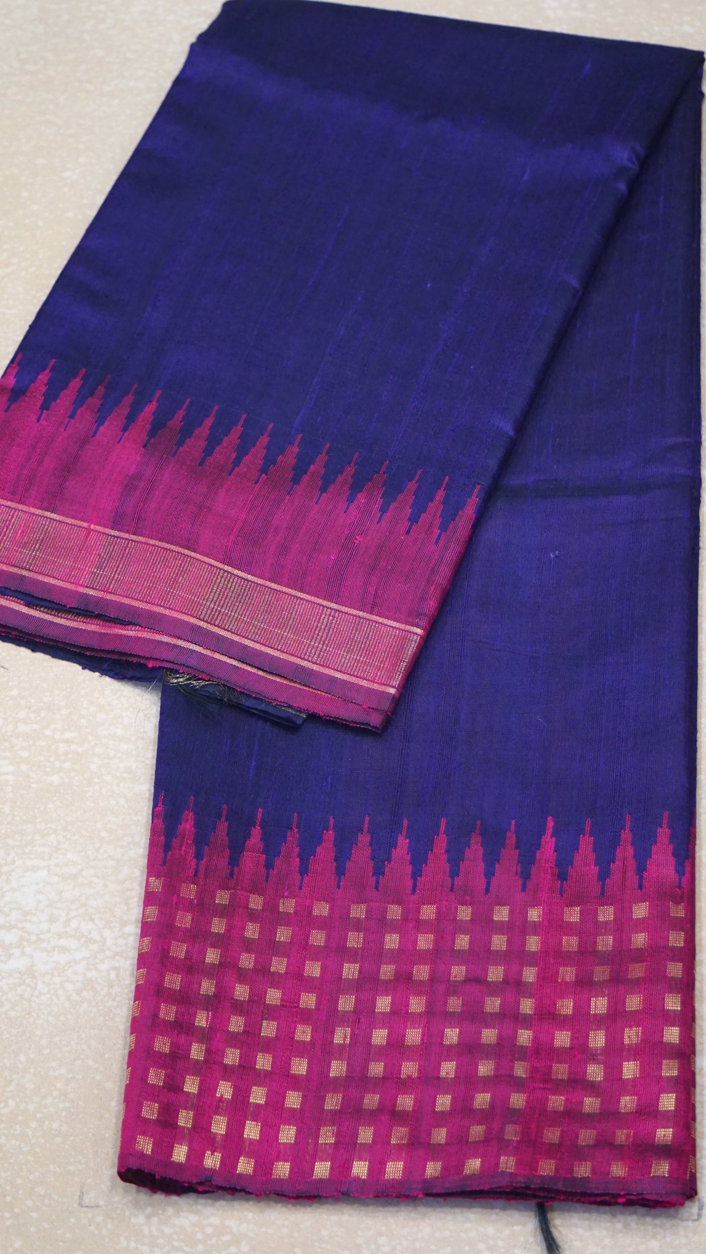 Pure Dupion Silk Saree - Navy Blue with Pink Border