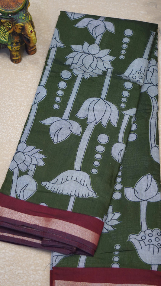 Malai Cotton Saree Pichwai Print - Green With Red Border