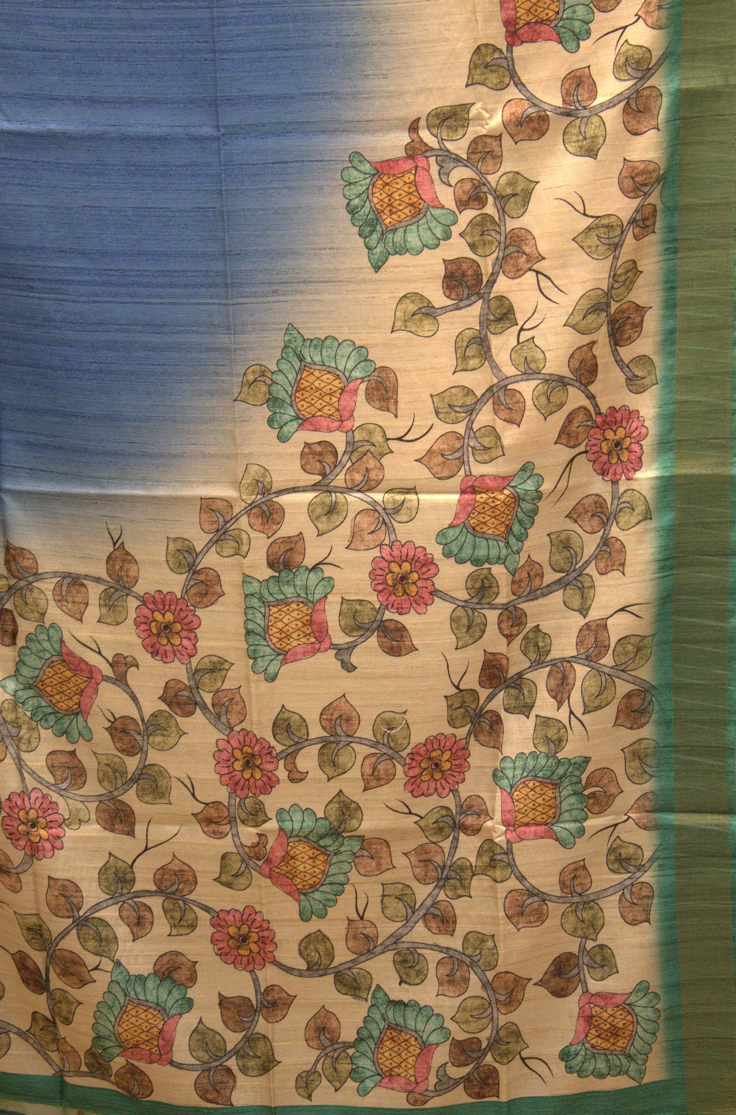 Semi Tussar Saree Kalamkari Print -Blue Green