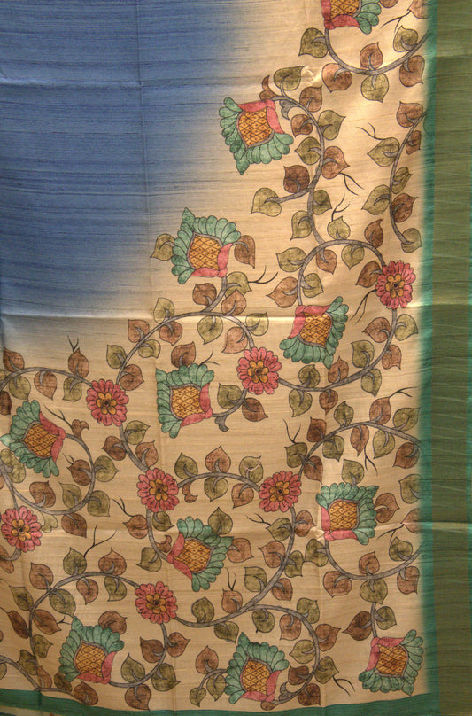Semi Tussar Saree Kalamkari Print -Blue Green