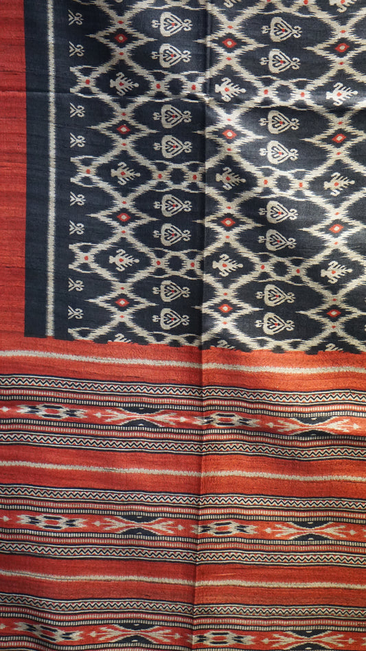 Pure Tussar Saree - Navy Blue & Brick Red