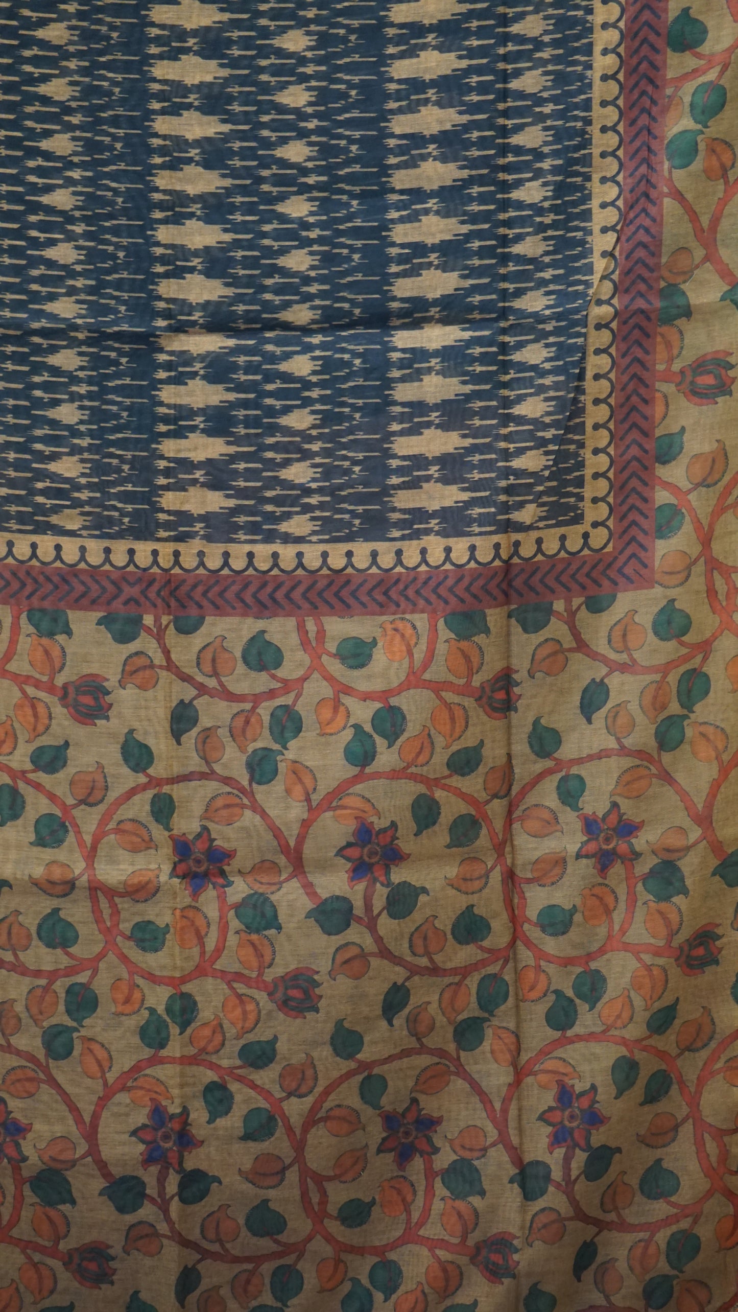 Chanderi Saree Ikkatkari Print - Sandal & Navy Blue