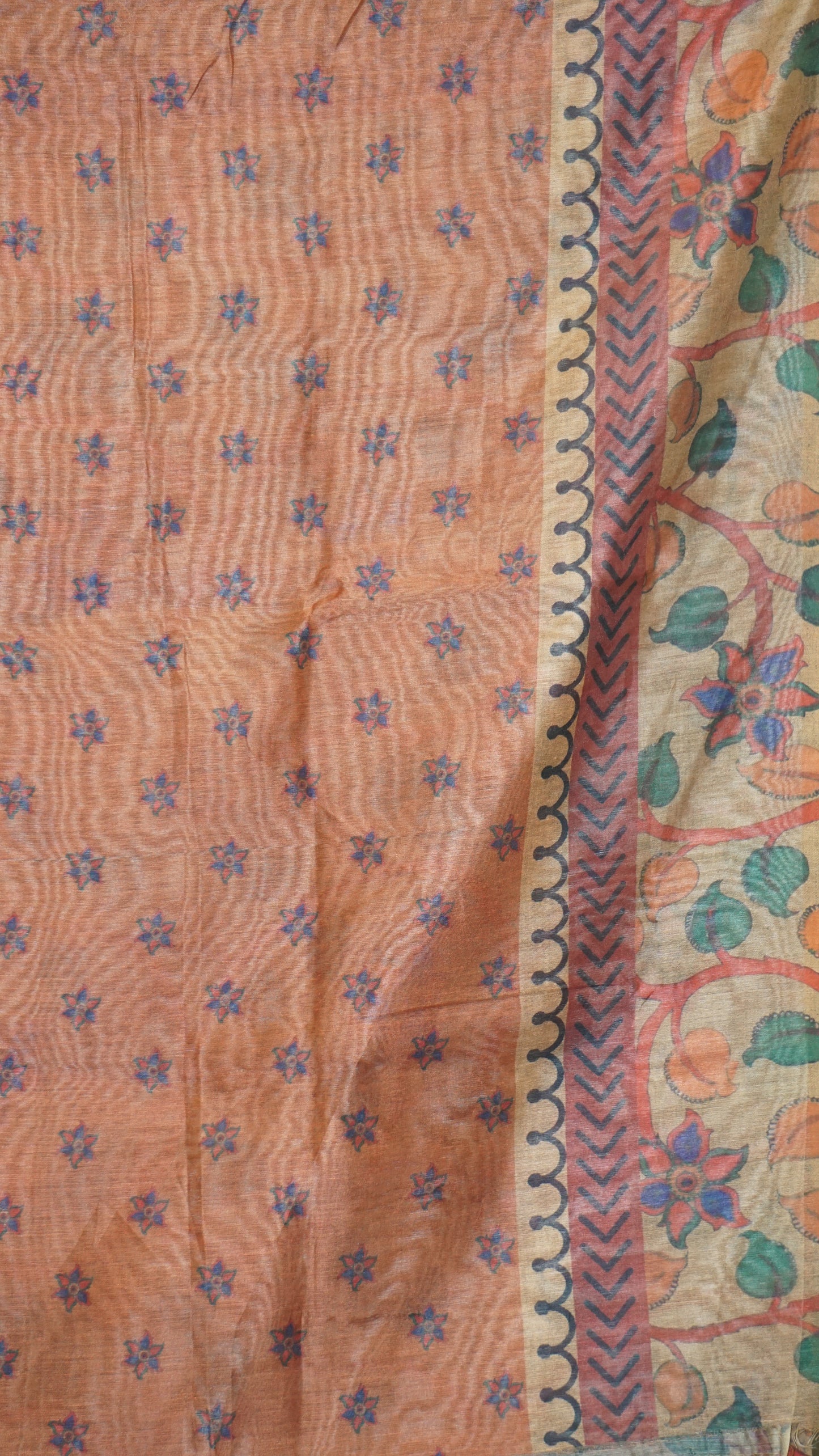 Chanderi Saree Ikkatkari Print - Sandal & Navy Blue