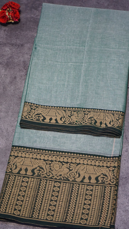 Narayanapet Cotton Saree Elephant Border Light Green