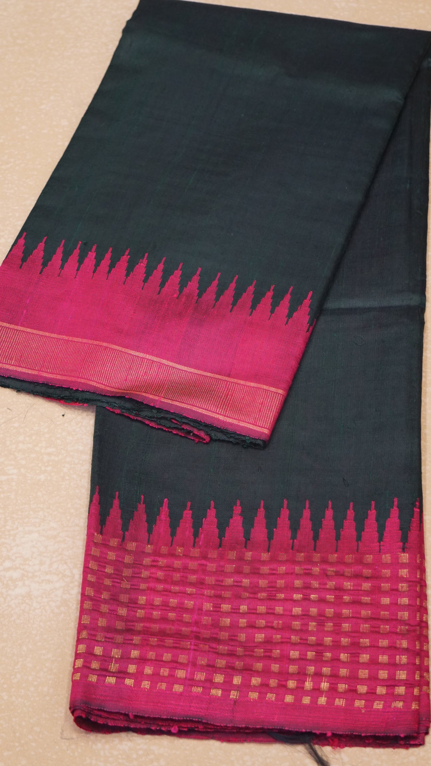 Pure Dupion Silk Saree - Bottle Green with Pink Border