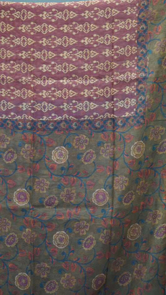 Chanderi Saree Ikkatkari Print - Sandal & Pink