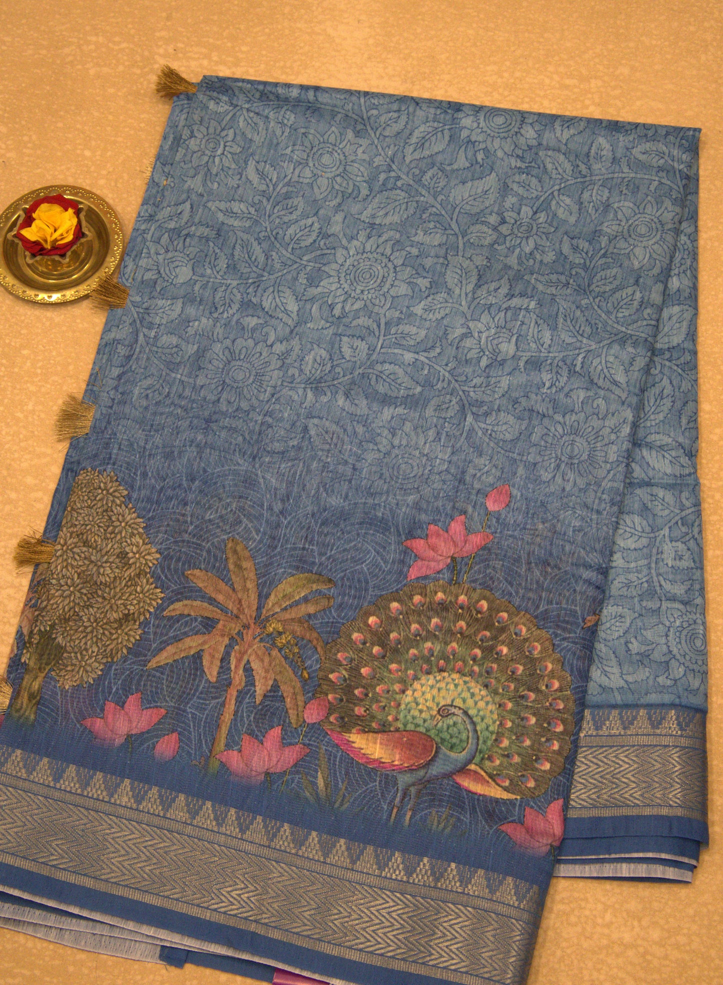 Semi Chanderi Saree Peacock Print-Blue