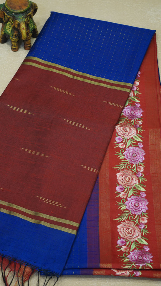 Semi Raw Silk Saree - Navy Blue With Red Floral Border