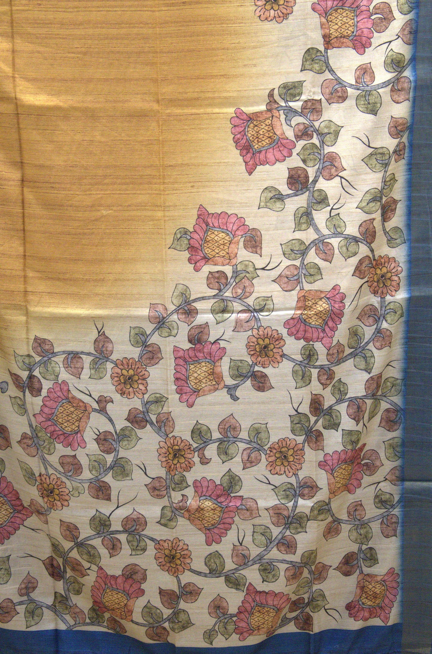 Semi Tussar Saree Kalamkari Print -Mustard Peack Blue