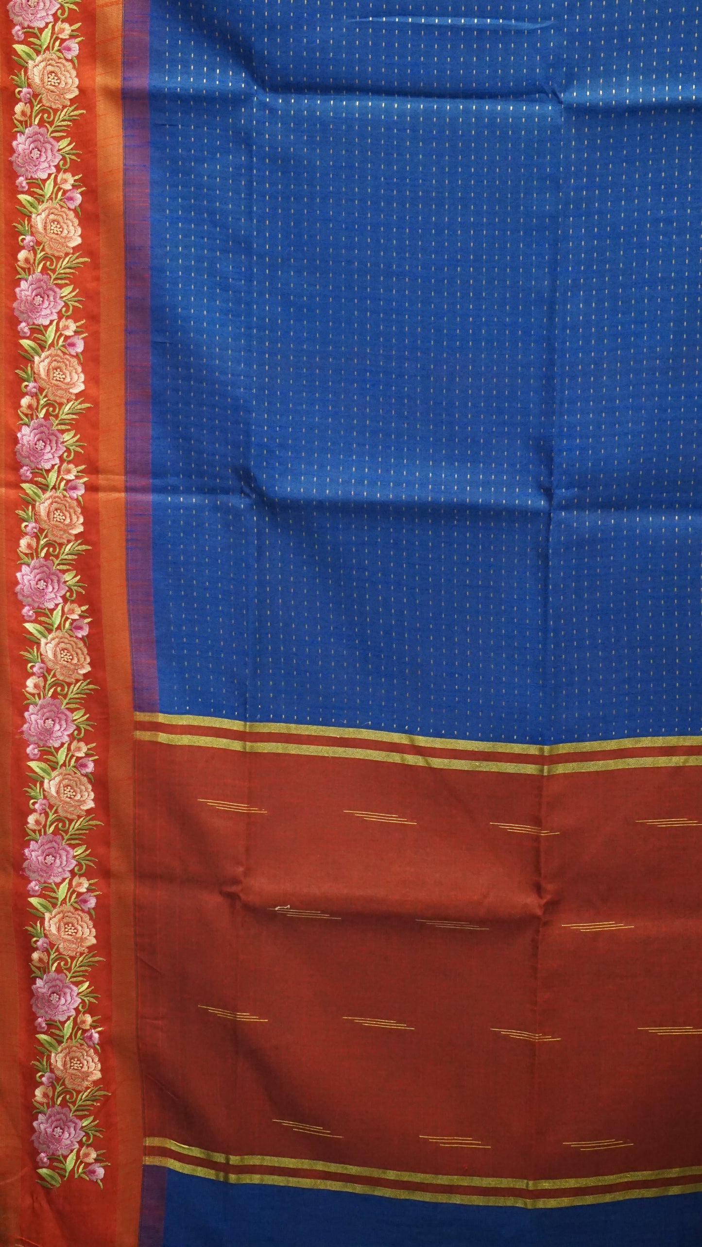 Semi Raw Silk Saree - Navy Blue With Red Floral Border