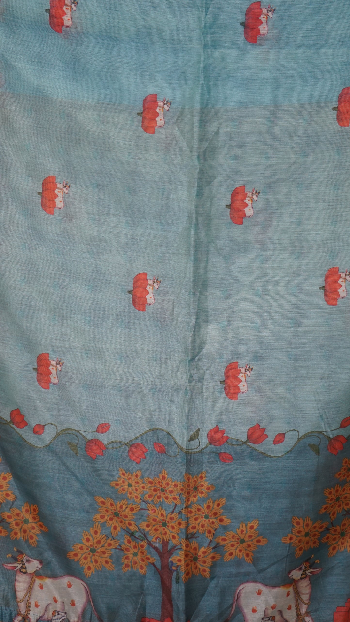 Chanderi Saree Pichwai Print - Teal Blue