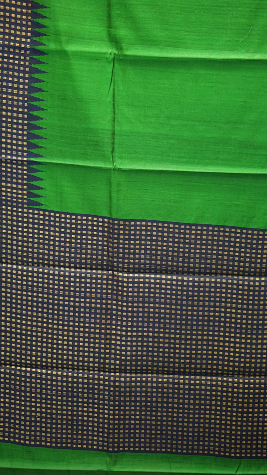 Pure Dupion Silk Saree - Green with Navy Blue Border