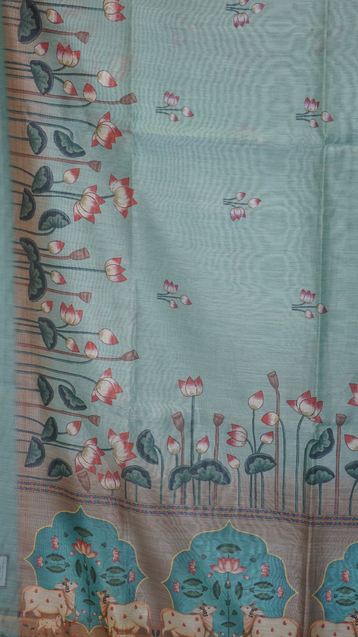 Chanderi Saree Pichwai Print - Teal Green