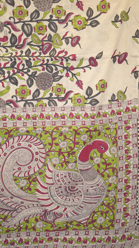 Kalamkari Saree Cotton - Beige With Green Border