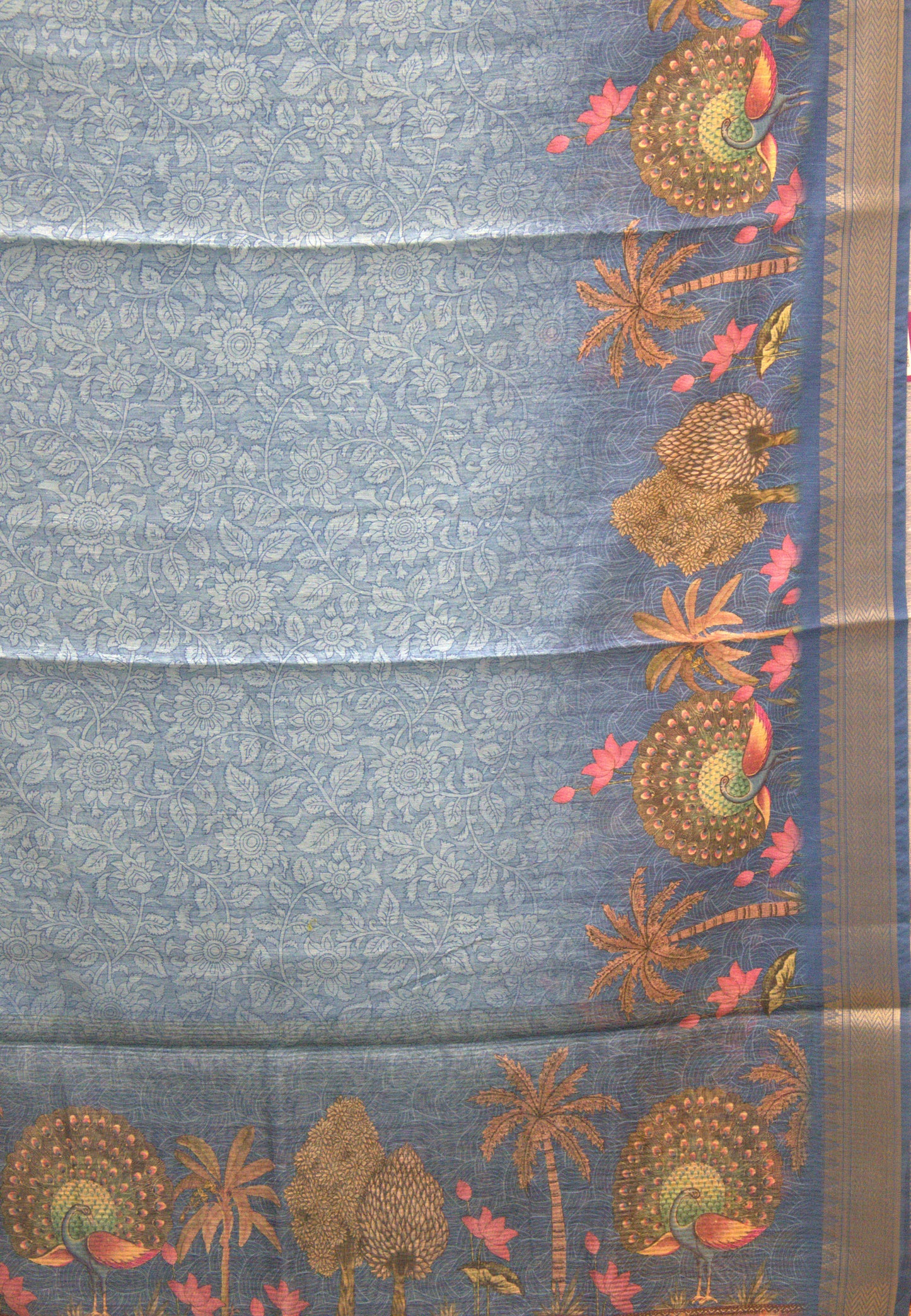 Semi Chanderi Saree Peacock Print-Blue