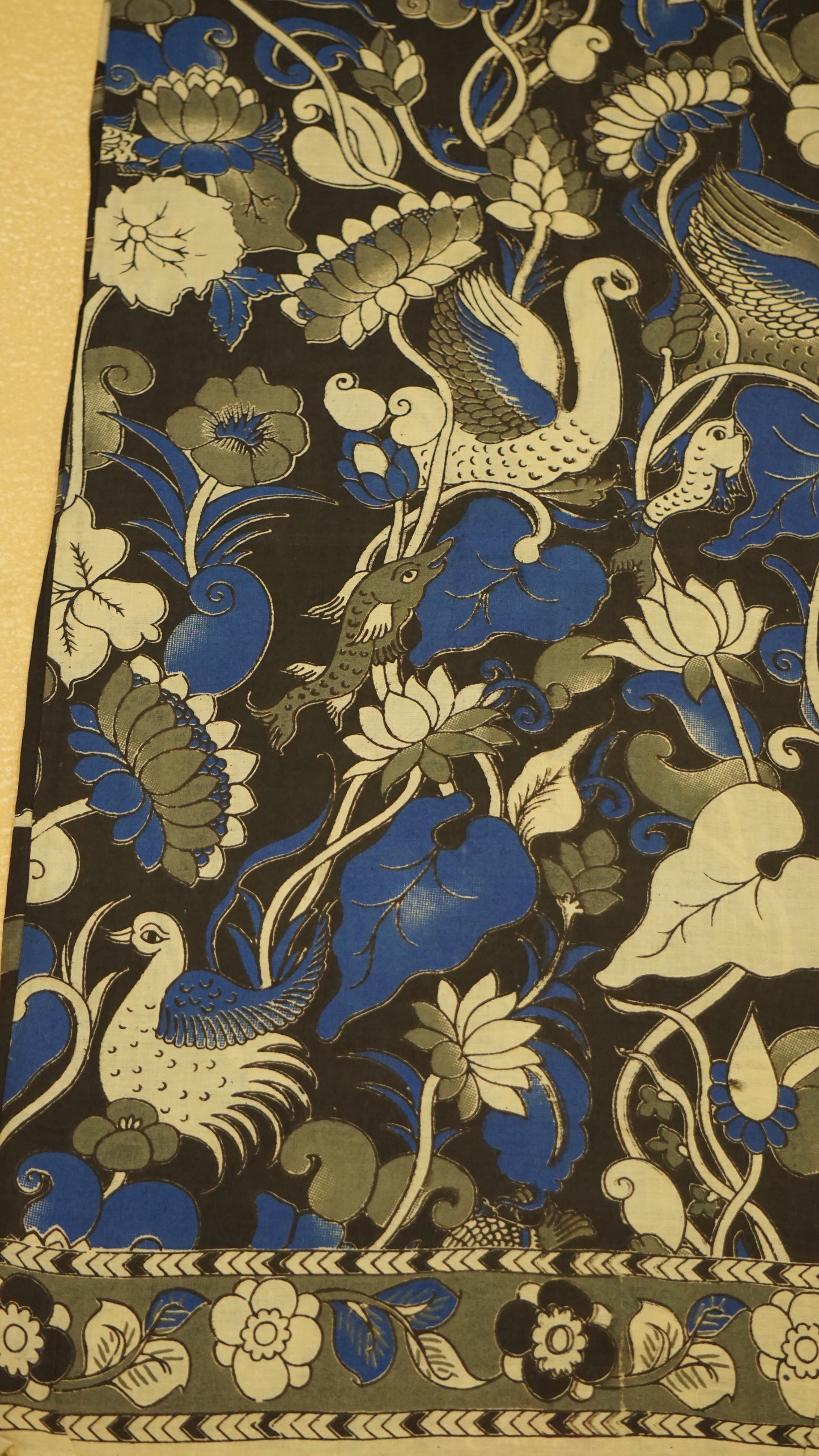Kalamkari Saree Cotton - Black With Grey Border