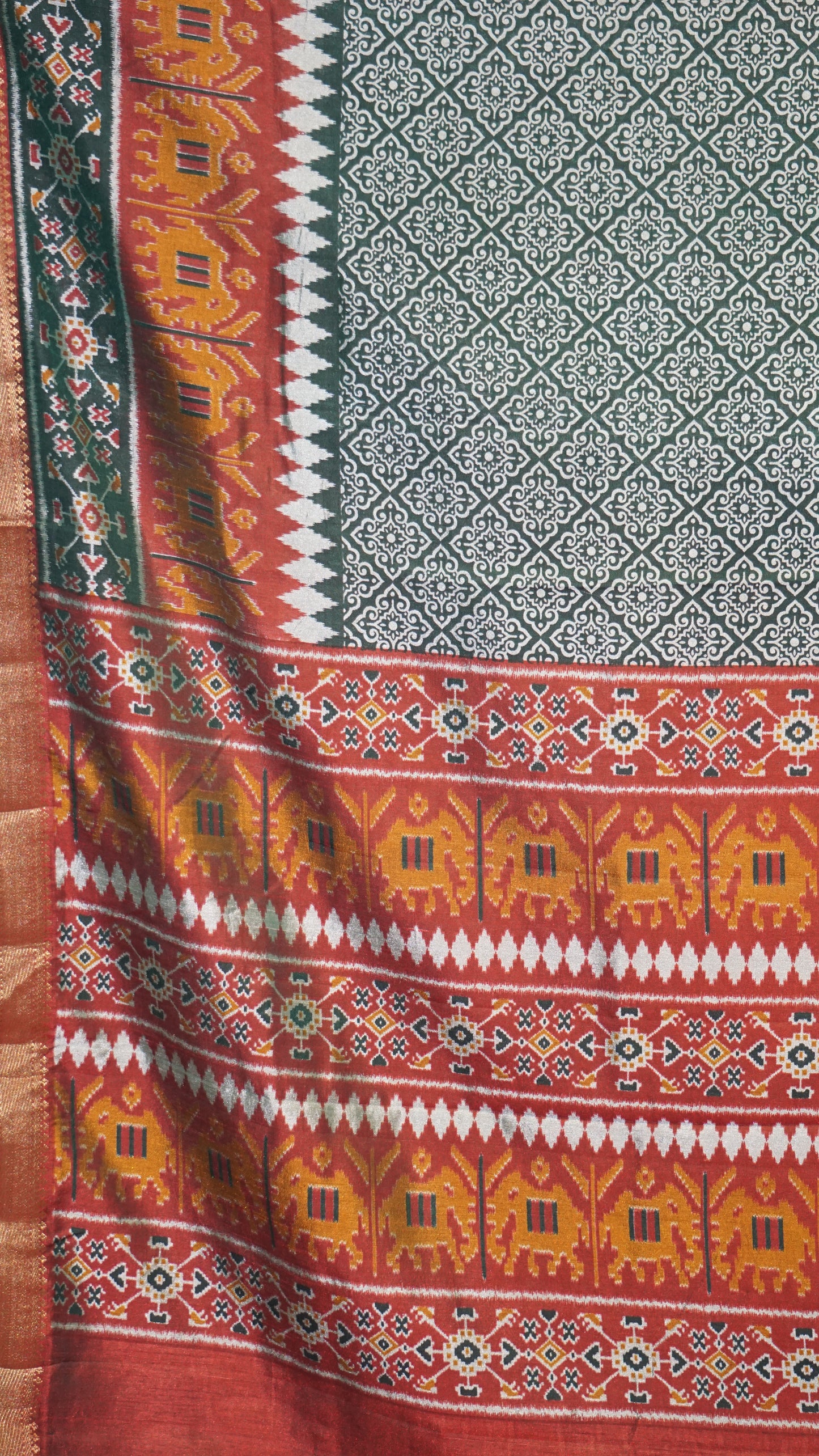 Semi Pattola Saree Kolam Print - Bottle Green