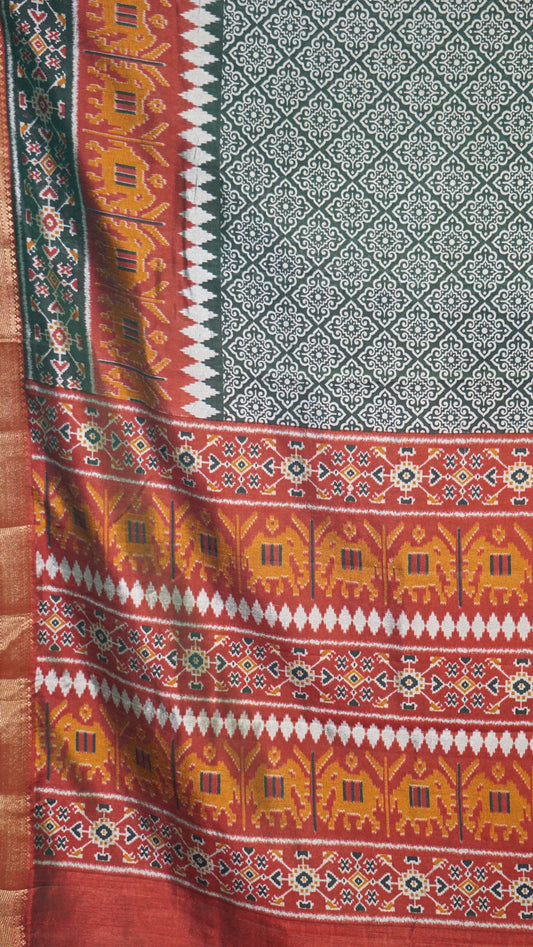 Semi Pattola Saree Kolam Print - Bottle Green