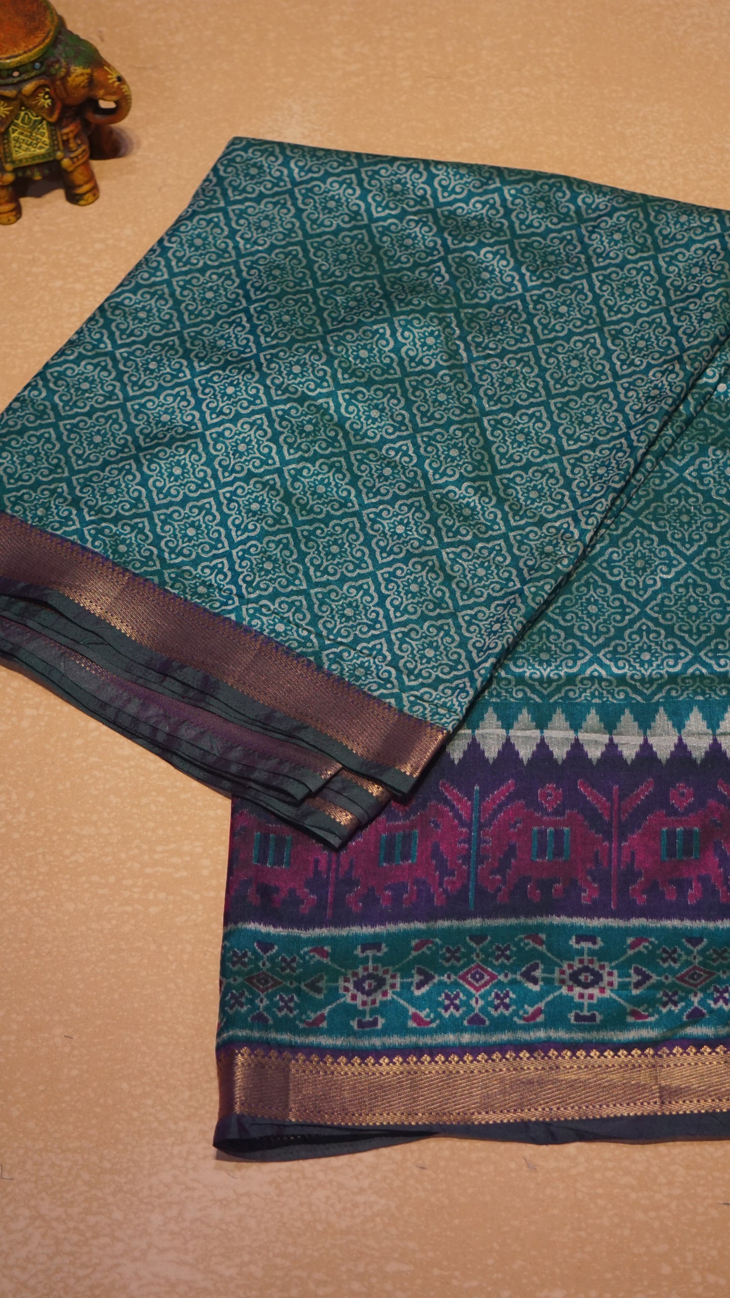 Semi Pattola Saree Kolam Print - Teal Blue